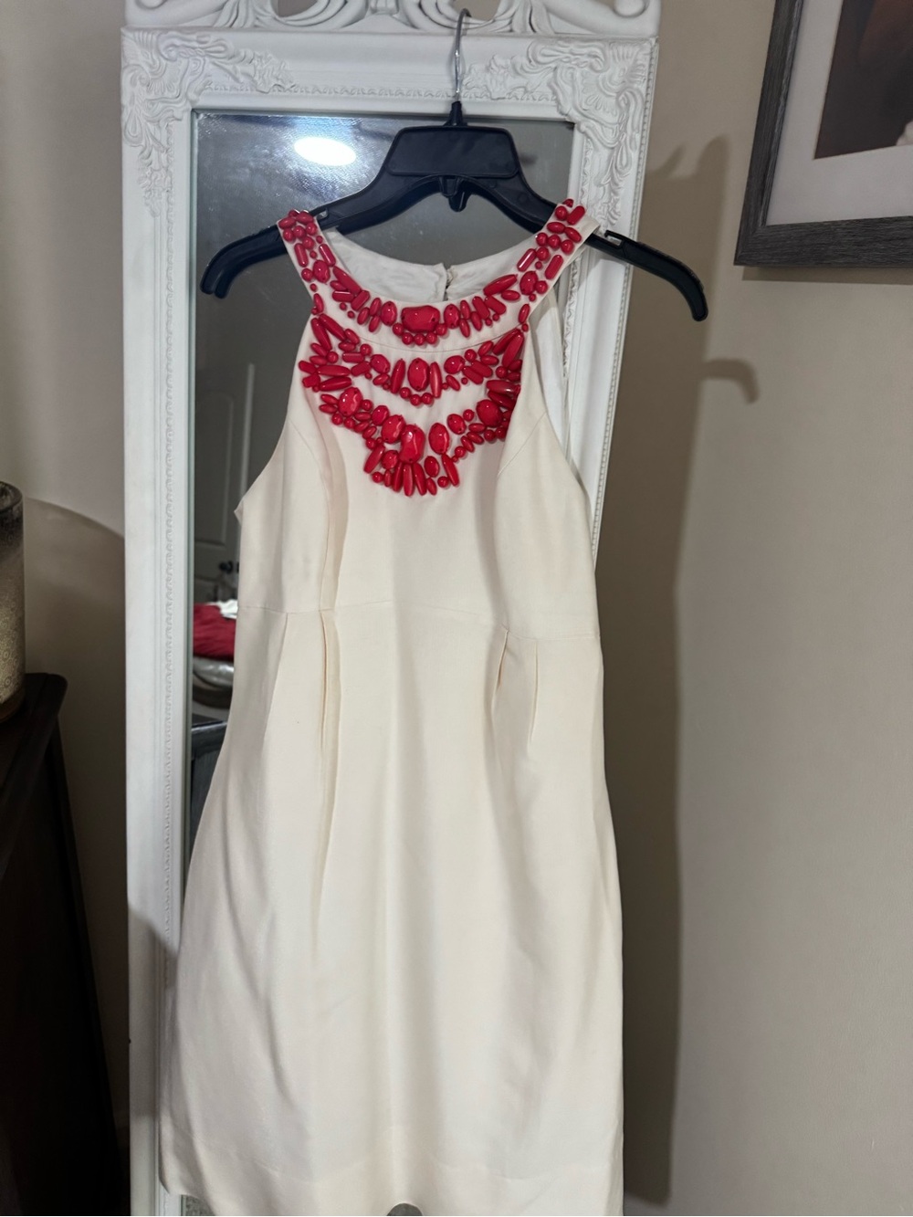 Shoshanna Cream Mini Dress with Red Beaded Neckline